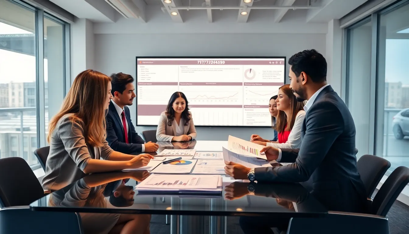 diverse professionals discussing the significance of a number in a modern office.